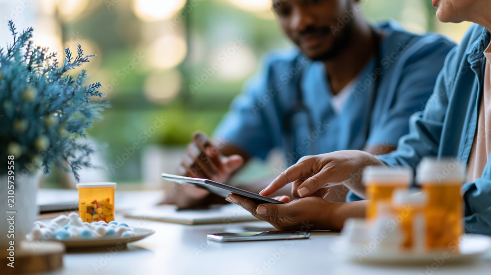 Fototapeta premium Over the shoulder view of a caregiver and older adult reviewing a medication reminder app on a tablet at a bright table medication management concept aging in place digital