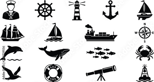 Solid black vector glyph icon set of nautical maritime shipping marine wildlife and ocean navigation elements