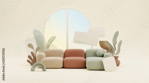 Minimalist 3D interior with blank booking card forms and modern furniture