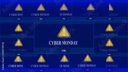Cyber monday  Alert Warning Error Window Pop-up Notification Box On Black Screen. digital Glitch Computer Monitor screen. 4k video animation on black background.