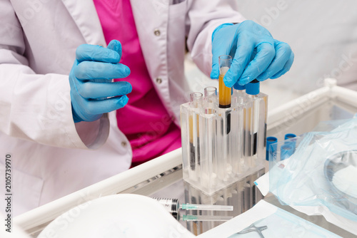 Blood plasma in tubes. Regenerative medicine. Non-surgical procedures. Blood taken from patient