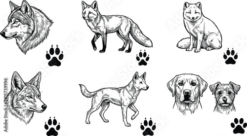 Cuadro en lienzo Vintage hand drawn engraving sketch icon set of wild canines and domestic dogs i