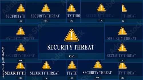 Security Threat Alert Warning Error Window Pop-up Notification Box On Black Screen. Digital Glitch Computer Monitor screen. 4k video animation on black background.	