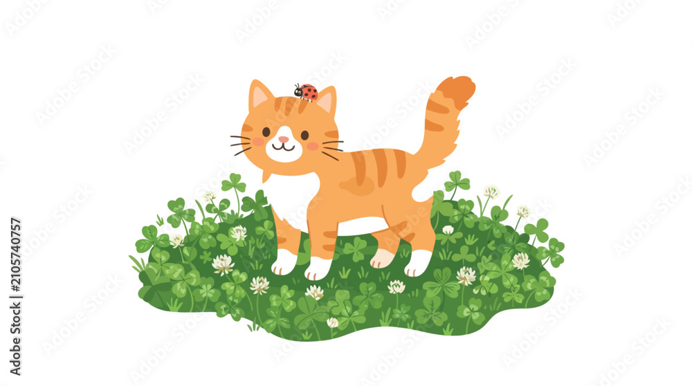 Fototapeta premium Cute orange tabby cat standing in patch of green clover with small ladybug on top of its head