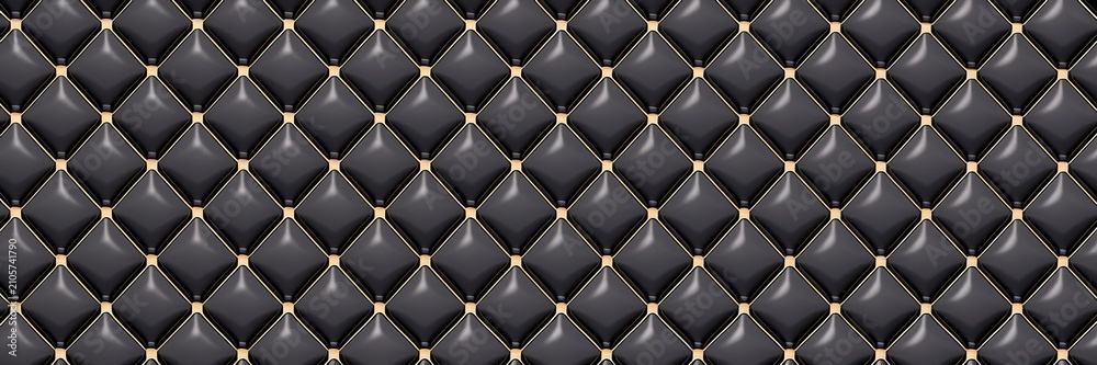 Obraz premium A black quilted leather texture background, featuring a diamond, pattern with small, gold studs at, each intersection, creating, a and surface, for various applications