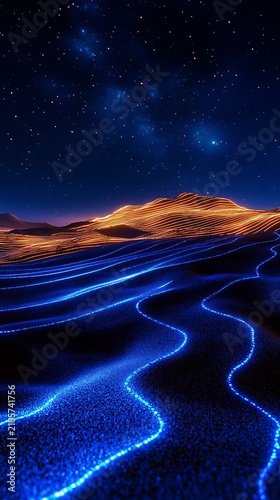Glowing sand dunes with electric blue energy lines against a starry night sky a digital rendering desert landscape art render computer graphics