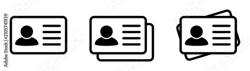ID card outline icon set. Black line identification documents collection with single card, double accounts and pile of employee badges, user profile and database icons.