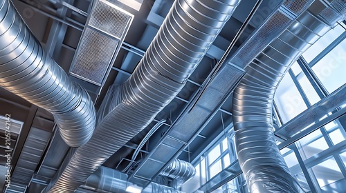 Network of metal air ducts in a building s ventilation system a detailed architectural photo with a cool toned color palette hvac