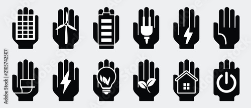 Sustainable energy icons set in human hand silhouettes, 12 renewable power vector elements, eco friendly green technology symbols for environment