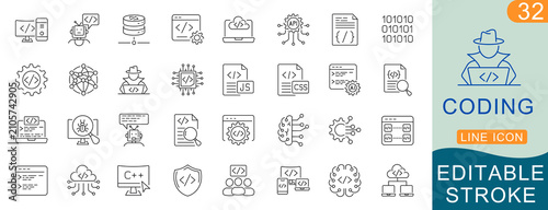 Schilderij op canvas Coding Line Icons Set – Programming, Source Code, Debug, Terminal, Git, API, Dat
