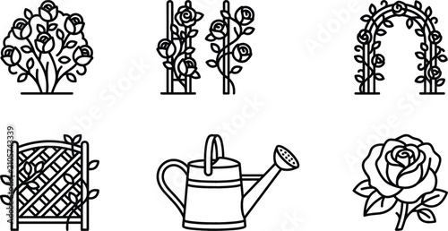 Quadro su tela Garden Landscape and Floriculture Icon Set Featuring Rose Bush, Climbing Trellis