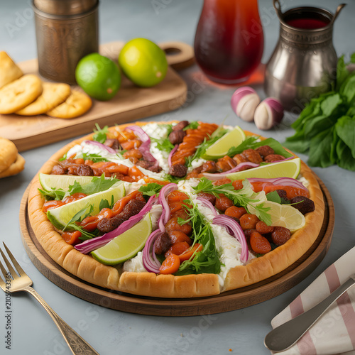 Mediterranean Style Flatbread Pizza with Fresh Vegetables, Herbs and Lime on Wooden Board