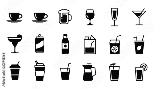 Fotografie Beverage icon set, black drink symbols, coffee cups, tea mugs, wine glasses and soda beverages, clean minimalist flat editable vector EPS illustration