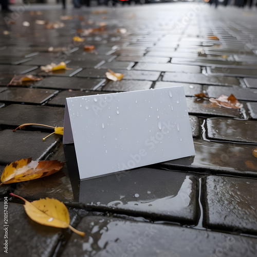 Blank White Tent Business Card Mockup on Wet Cobblestone Street