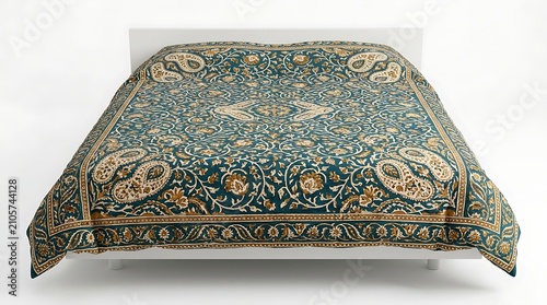Elegant teal and gold paisley bedspread on a minimalist bed
