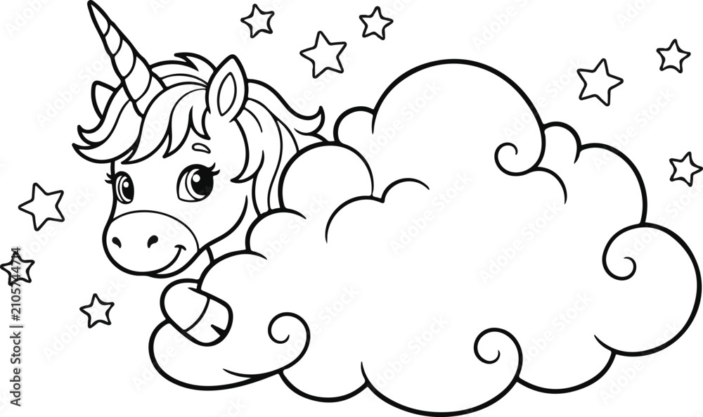 Fototapeta premium Cute cartoon unicorn head peeking out from a fluffy cloud with stars