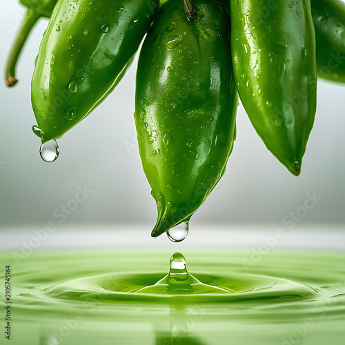 Fresh Green Chili Peppers with Water Droplets Macro Close Up