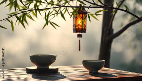 Minimal Zen Tea Table with Ceramic Cups and Hanging Lantern in Tranquil Garden