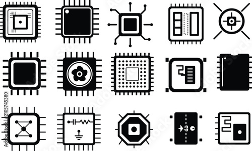 Black CPU and Microchip Icons Vector Set – Processor, Chip Technology Line Icons Collection