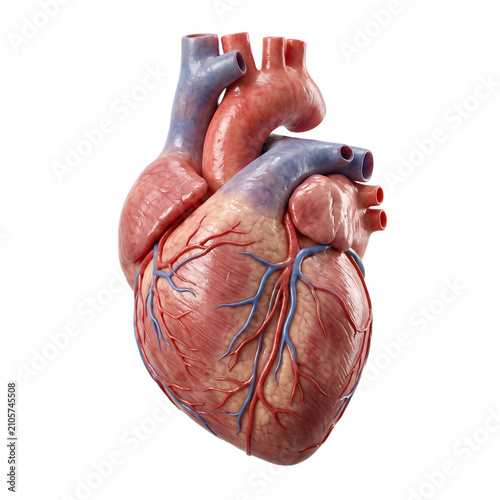 Realistic human heart organ anatomical model with blue and red veins and arteries isolated on a black background, for medical