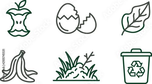 Foto Organic waste line icon set with apple core eggshell leaf banana peel compost an