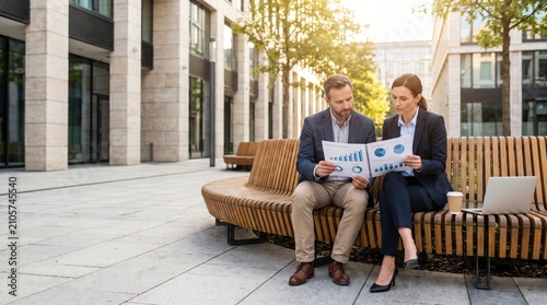 Two professional business colleagues analyzing financial reports and graphs while sitting on outdoor bench near corporate office building

