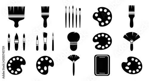 Professional Collection of Artist Paint Brushes and Painting Palettes Black Silhouettes in a Grid Layout on White Background