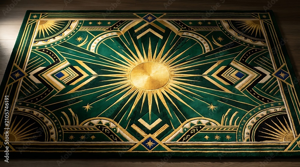 Obraz premium Luxurious green and gold art deco rug with celestial sunburst design