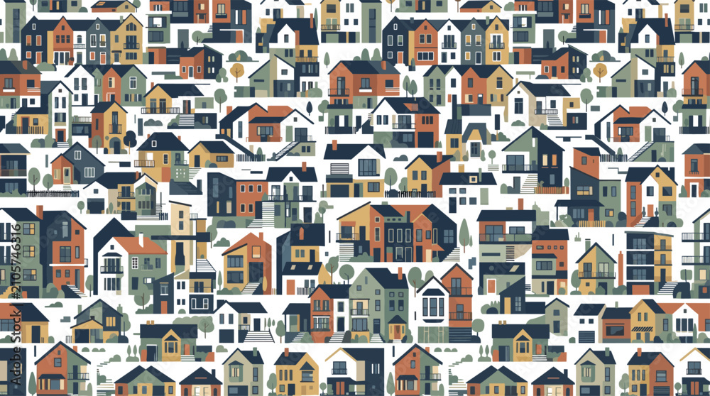Fototapeta premium Modern Suburban Houses Seamless Pattern Vector Illustration Featuring Diverse Residential Building Architecture Cottages and Apartments in Flat Design Style