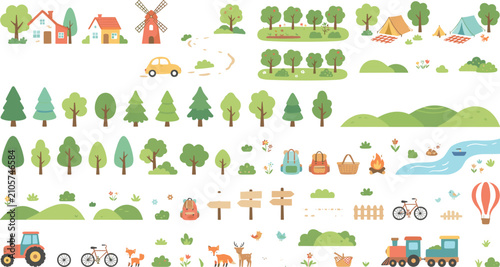 Photography Cute Nature Landscape Map Creator Vector Element Set with Houses Windmill Campin