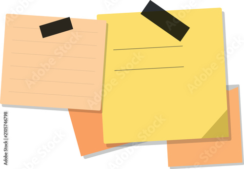 Set of colorful sticky notes with black tape strips for reminders and office message boards