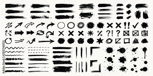 Fotografie Large collection of grunge ink brush strokes and hand drawn graphic icons with a