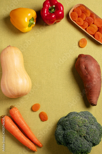 Flat lay frame of beta carotene rich foods, copy space