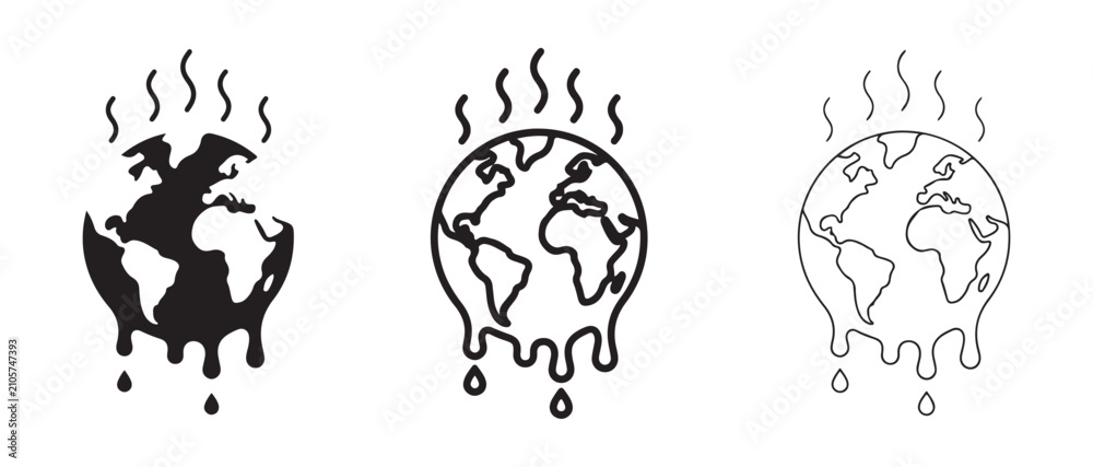 Obraz premium Global warming illustration showing melting earth with dripping water and steam effects isolated on transparent background