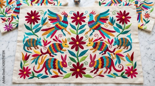 Vibrant mexican otomi embroidery with birds and flowers