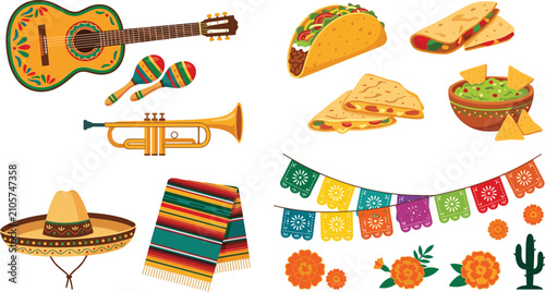 Foto Mexican fiesta elements vector bundle featuring guitar trumpet taco quesadilla g