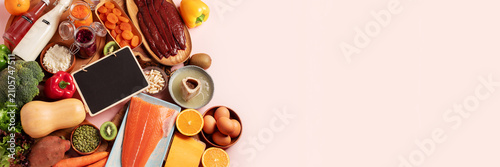 Konstfotografi Dewy glass skin concept food flat lay web banner, copy space