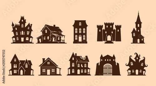 Konstfotografi A collection of spooky and haunted house silhouettes including a gothic mansion