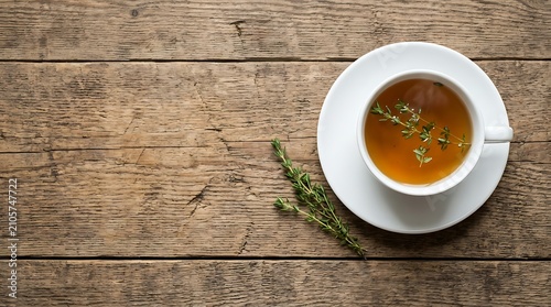 Herbal thyme tea in a white ceramic cup on a rustic wooden table