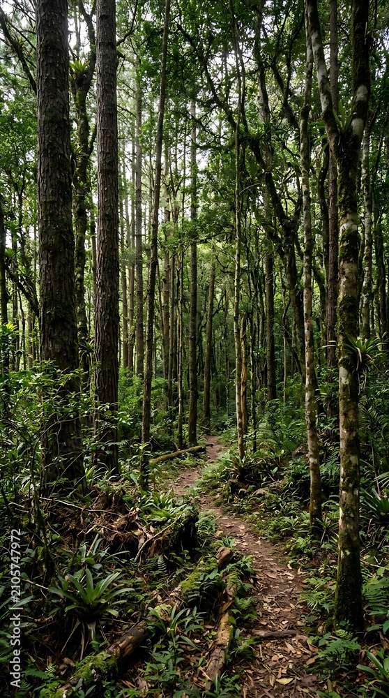 Fototapeta premium Dense evergreen forest floor with sunlight rays.
