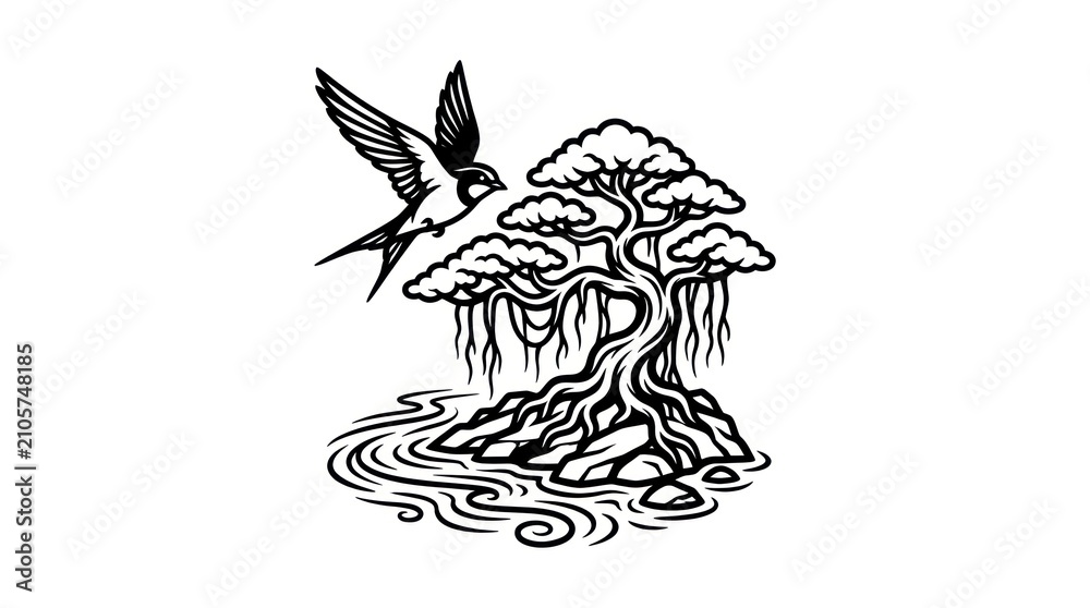 Obraz premium Bird flying to tree island.
