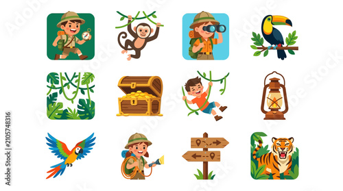 Canvas Print Kids Jungle Adventure Icons: Explorers, Monkey, Parrot, Treasure Chest, and Trop