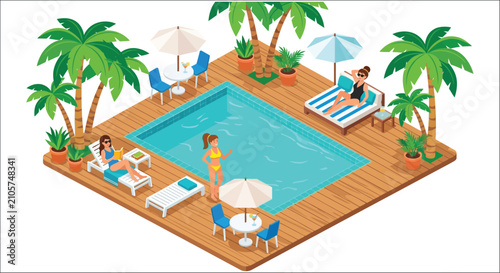 Εκτύπωση καμβά Isometric Swimming Pool Scene With People And Palm Trees