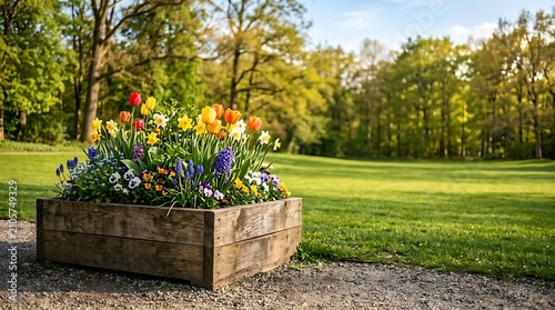 Colorful spring flowers in a wooden planter box in a sunny park