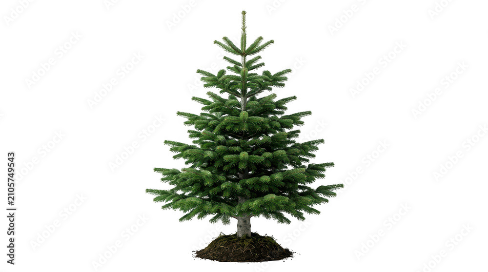 Obraz premium Small green christmas tree with roots in dark soil isolated on transparent background