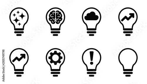 Light bulb idea icon set, innovation and creativity symbols, problem solving, strategic thinking, business development, inspiration concepts, editable vector illustration.
