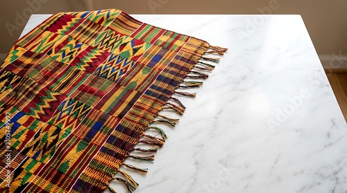 Vibrant african textile with geometric patterns on marble surface