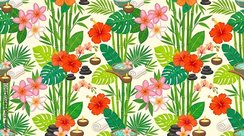 Seamless tropical spa pattern with bamboo hibiscus and frangipani