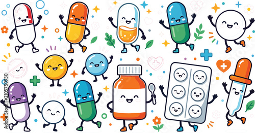 Fotografía Cute cartoon medical pills and pharmacy medicine characters pack with happy caps