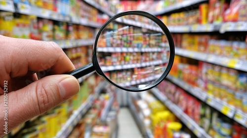 Close-up of a human hand holding a magnifying glass, examining products on a blurred supermarket shelf with a focus on selection and detail